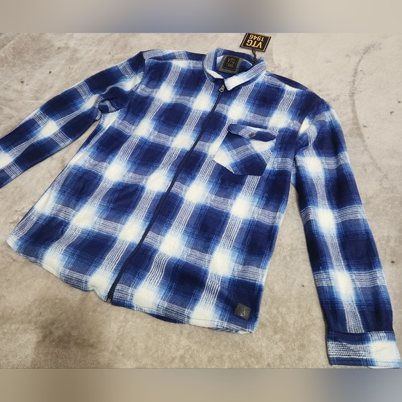 XL Plaid VTG 1946 Polar Fleece Zip Shirt Blue White NWT - Picture 7 of 10